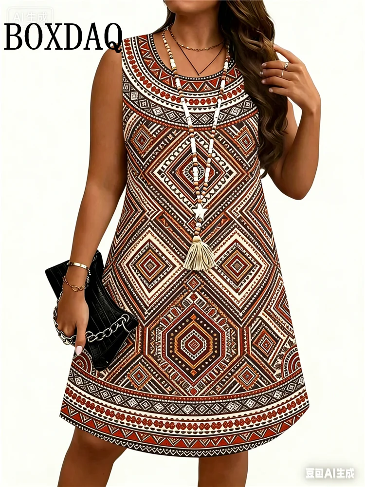 Vintage Ethnic Style Pattern Print Women's Dress Plus Size Summer Clothing 2026 New Fashioin Casual Sleeveless Loose Tank Dress