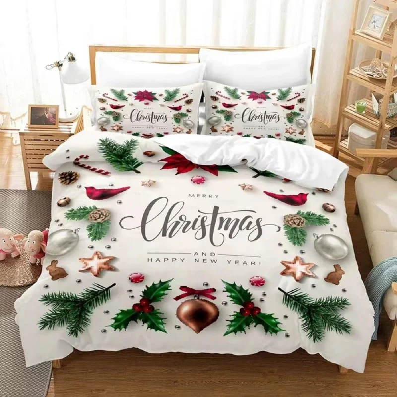 

White and red Christmas bedding set large, decorative duvet cover, 3 soft microfiber zippered duvet covers pillowcases