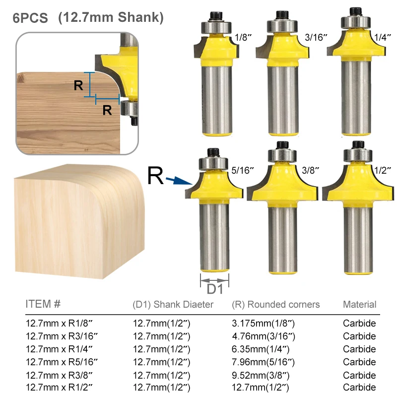 XCAN Corner Round Router Bit 6pcs 1/2" Shank For Wood Edging Woodworking Mill Classical Cutter Bit For Wood