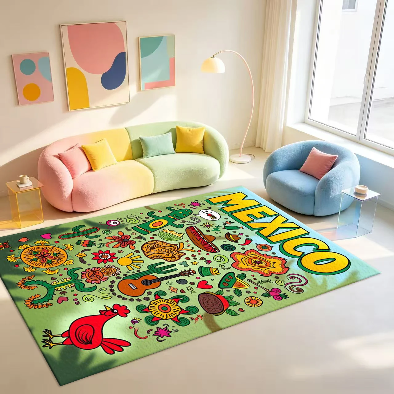 Cartoon Mexico Cultural Doodle Element Print Carpet Flooring Folk Art Area Rug For Indoor Home Floor Decoration