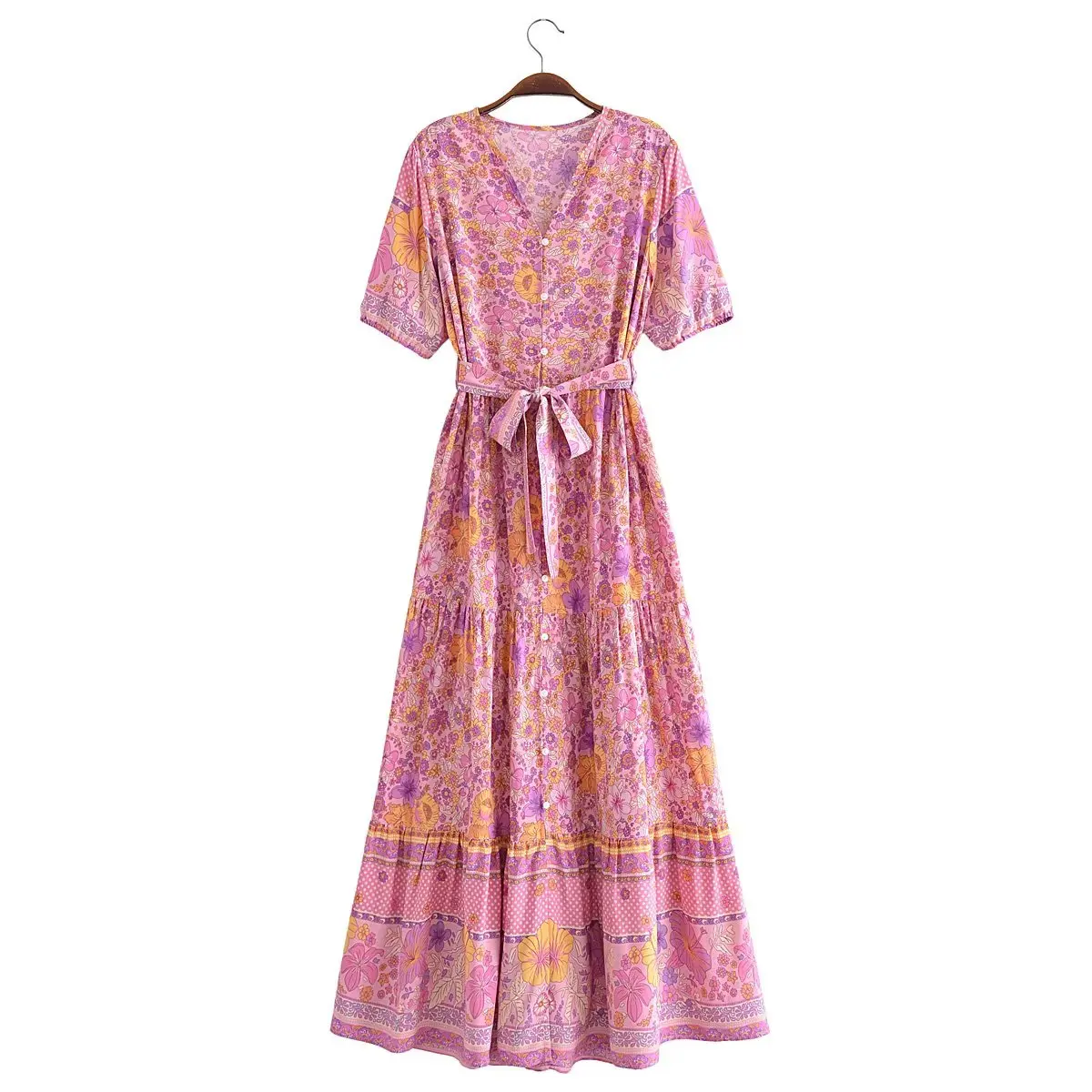 2023 V neck Flower Print Maxi long Women BOHO Dress Tie Bow Sashes Single-breasted Button Short Sleeve Swing Robe Holiday