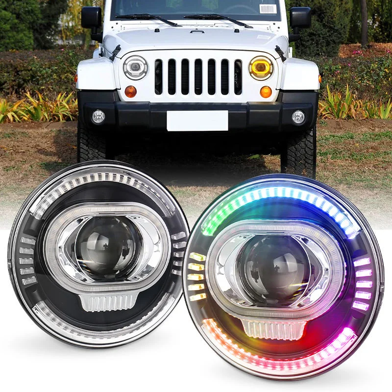 POVTOR 7 inch RGB Led Headlights with Turn Signal Lights Hi/Lo Beam RGB Halo for Jeep Wrangler JK JKU Hummer H1 H2