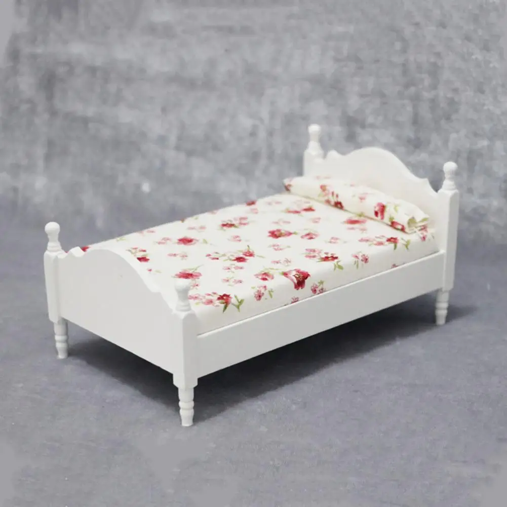 Cute Dollhouse Mini Bed  Exquisite White Miniature Single Bed  Scale 1:12 Dollhouse Mini Single Bed