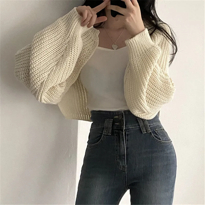 Long Sleeve Cover Outfit Coat Casual Solid Knit Sweater Cardigan Short Women Clothes Autumn Winter Batwing Sleeve All-match Top