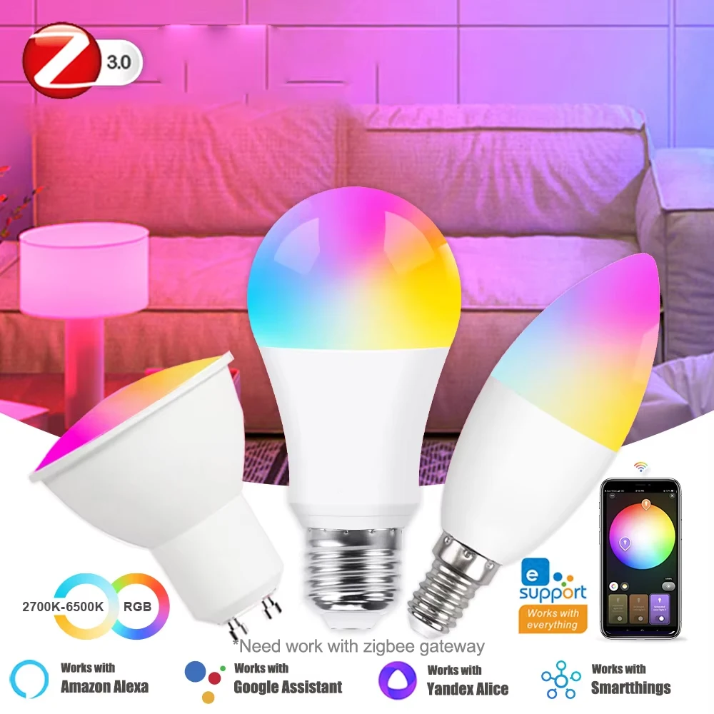 Zigbee E27 GU10 E14 Smart LED-Glühbirne Dimmbarer Strahler Kerzenlampe RGB CW WW Ewelink APP-Steuerung Kompatibel mit Alexa Yandex Z2M Hub