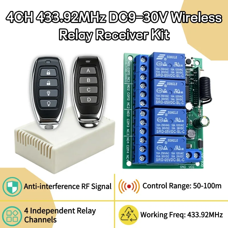 433MHz Universal Wireless Remote Control Switch DC 6V 12V 24V 10A RF Receiver,50m Transmitter,for Garage Door Motor Lamp DIY