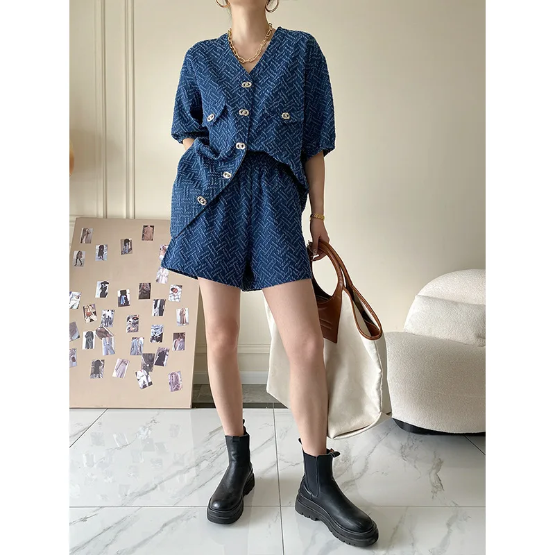 Spring Summer Women Denim Suit Fashion Commuter Loose Short-sleeved V-neck Denim Jacket Top Elastic Sleeve Denim Shorts 2pcs Set