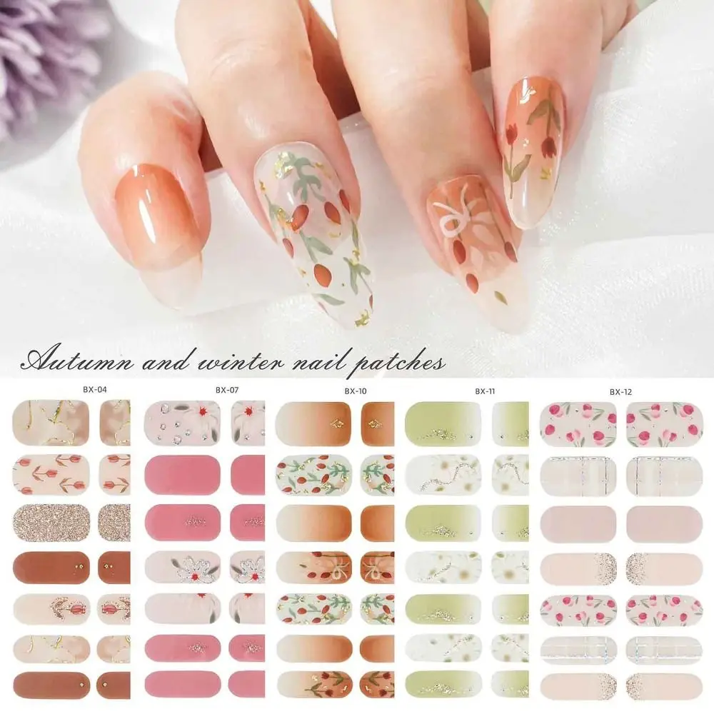 14 Strips Semi Cured Gel Nail Stickers Floristic French Nail Art Gel Nail Polish Strips Full Cover Nail Patch