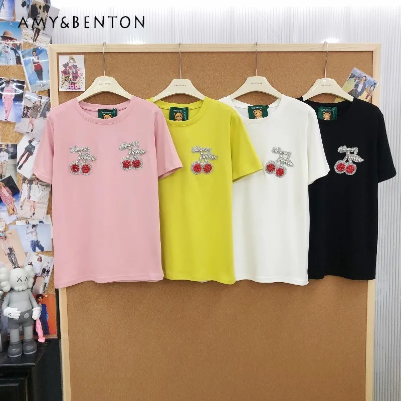 

Новая модная футболка Y2K с крупными стразами, повседневная, универсальная, свободного кроя, с круглым вырезом, с коротким рукавом, для женщин