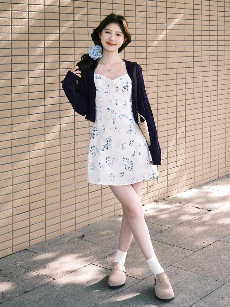 White Floral ter Dr Set Women Summer Ele Beach Vaion Sle ort Skirt Ensemble Sweet Japanese Sle High Waist ...