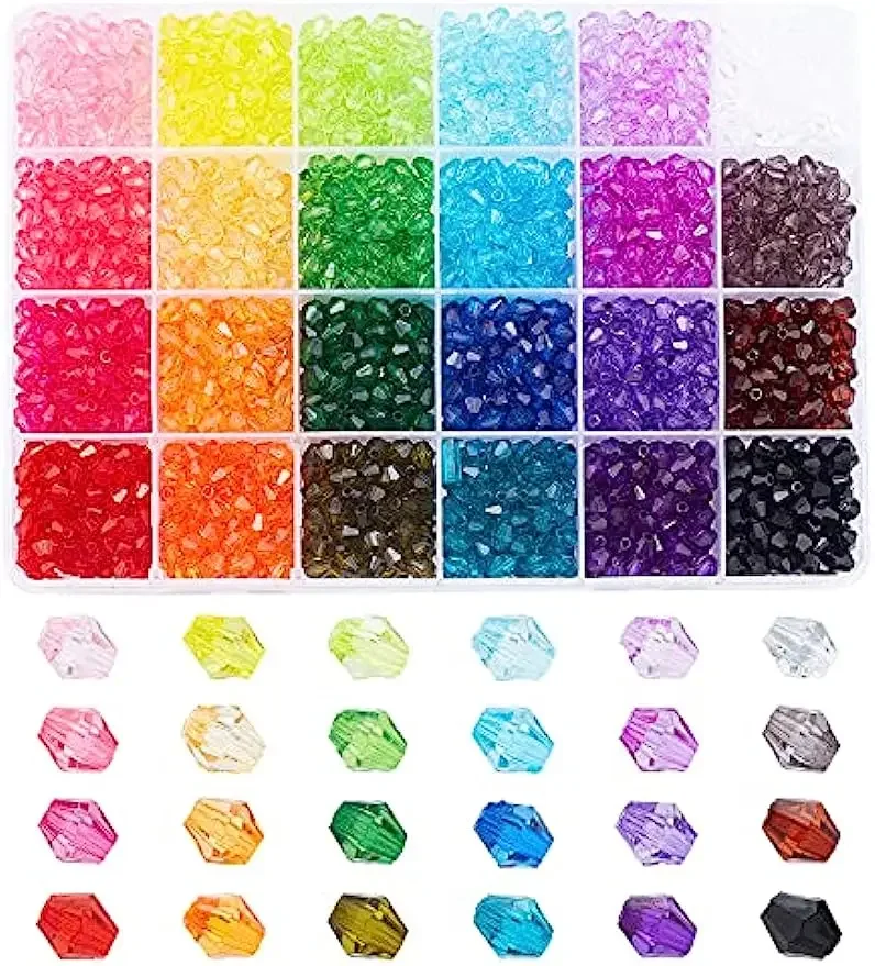 2400pcs 6mm Bicone Beads Faceted Acrylic Beads 24 Colors Rainbow Loose Spacers Craft Beads for DIY Craft Bracelet Necklace