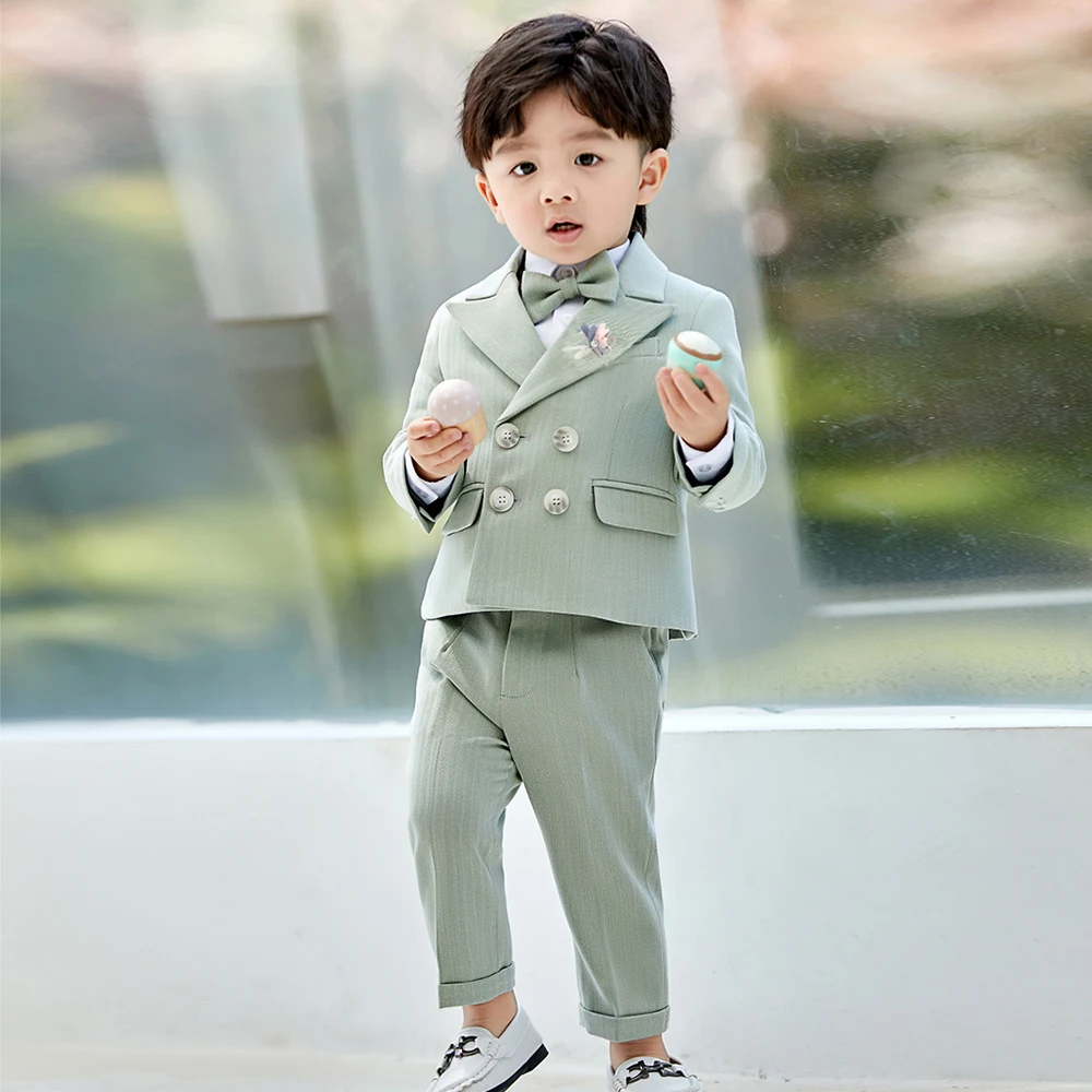 Boys Suits British Children\'s Clothing Set Baby Flower Girl Dresses Handsome First Birthday Party Fashion Green Formal Suit