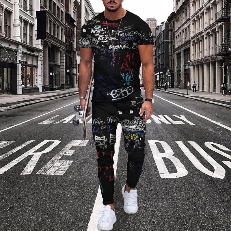 2022 Summer Men Tracksuit Color Splash 3D printed Short Sleeve T Shirt Long Pants 2 Piece Sets Casual Trend Oversized Clothing