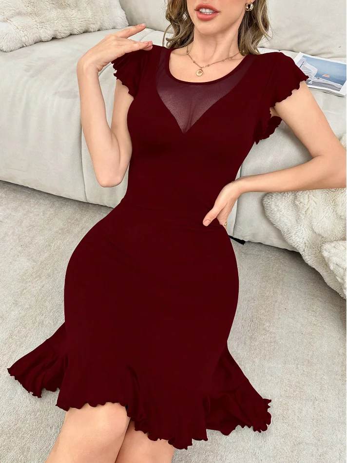 Sexy Damen-Nachthemd in Burgunderrot aus Mesh, zweiteilig, mit Flatterärmeln, geraffter Taille und Rüschensaum, figurbetontes Minikleid, hautfreundlich