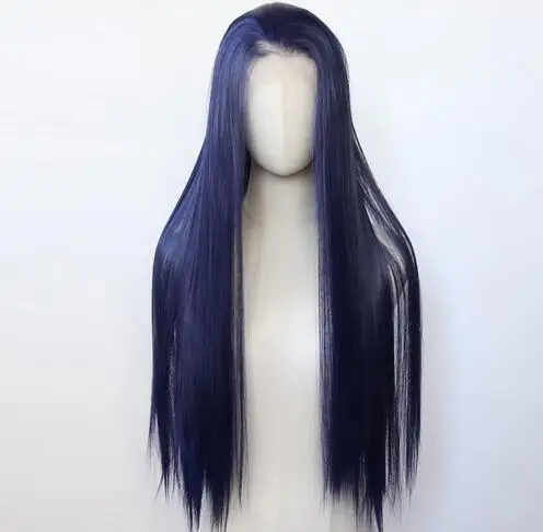 Dark NavyBlue Synthetic Lace Front Wig Long Straight Lace Front Synthetic Wig Pre Plucked Heat Resistant Hair Daily Wear Cosplay