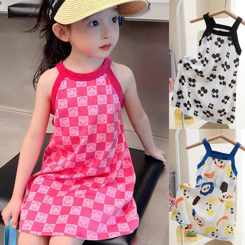 Summer Girls Dress Casual Princess Dresses Sleeveless Print Flower Costumes Kids Vestidos Cotton Floral Beach Clothing 2-8Y DS19