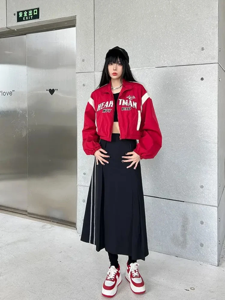 QWEEK American Vintage Retro Letter Embroidery Oversize Jackets Women 2024 Fashion Korean Kpop Streetwear Coats