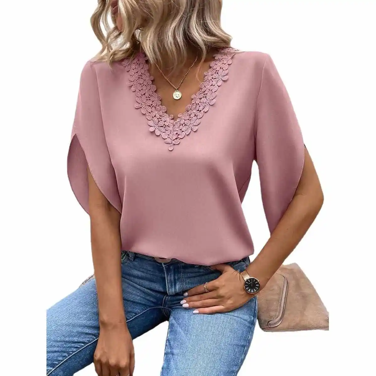 

Summer Lace Collar Loose irt Women's Top Flared Sves Knot Ruffle Sve Cotton Blend Thin Fabric Printed Design