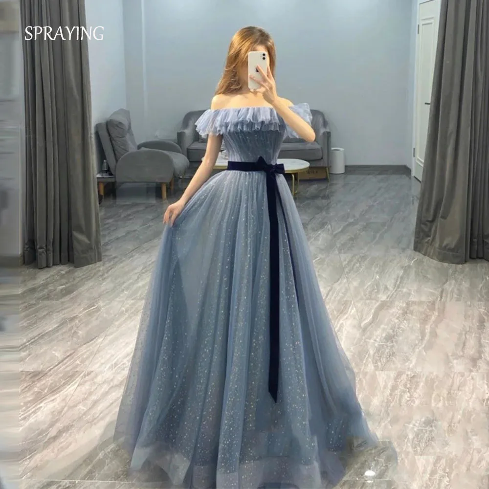 

SPRAYING Fairy Sparkly Tulle Evening Dress Korean Wedding Photo Shoot Off Shoulder A line Long Corset Party Dress Customized