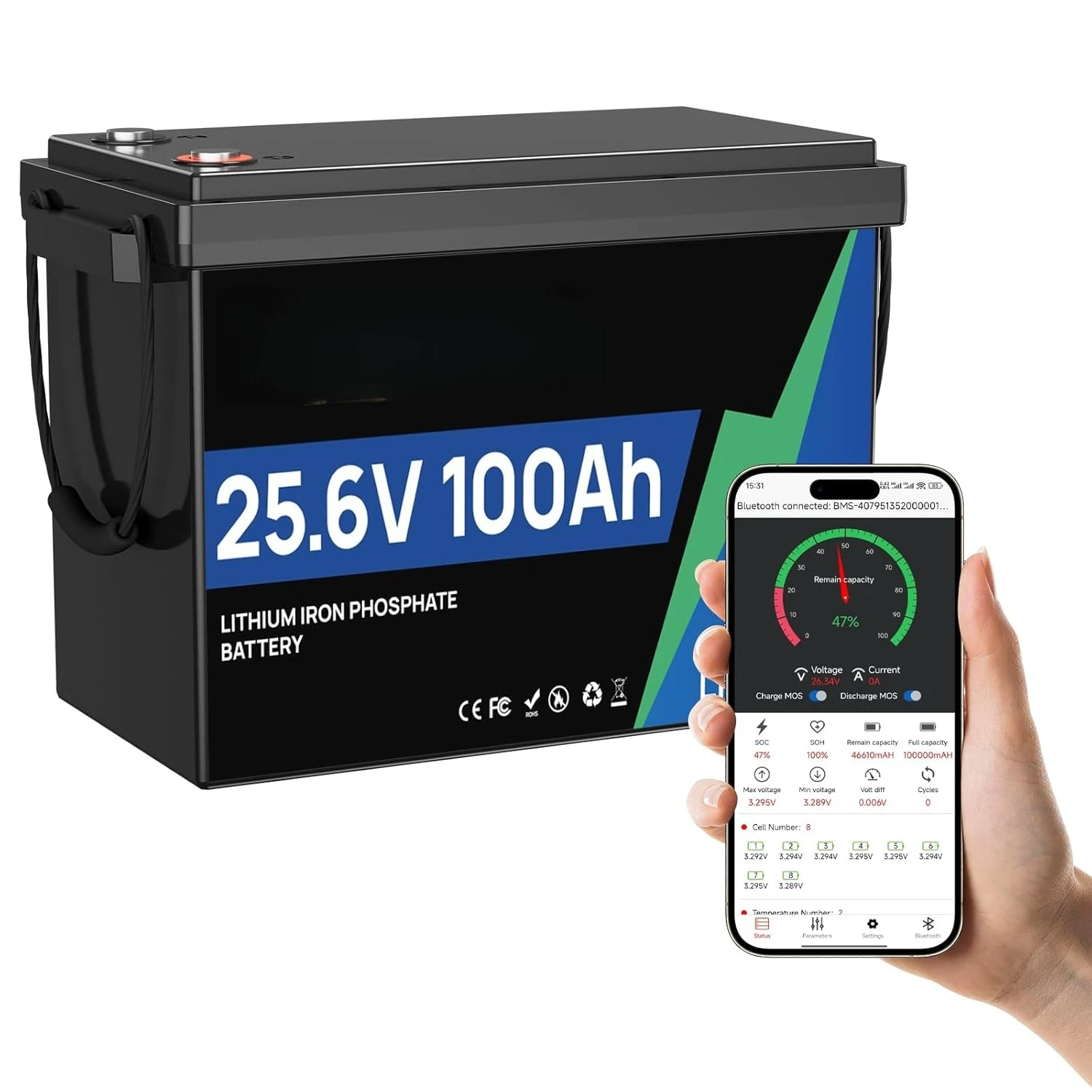 

24V 100Ah LiFePO4 Lithium Battery Mini Size, Bluetooth Monitoring, Built-in 100A BMS, 2560W Power for RV, Solar,, Customized