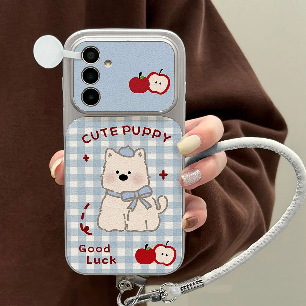Blue Plaid Puppy Pattern Phone Case For Samsung A57 A27 A56 A16 A36 A37 A17 A07 A26 S24 S25 S26 Ultra Leather Soft Lanyard Cover view 3