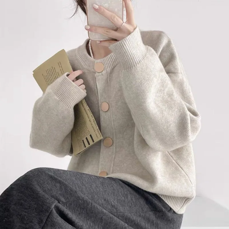 

Women's Single-breasted Knit Cardigan Jacket Fall and Winter New Korean Loose Lazy Style Round Neck Short Sweater Jacket Dresses
