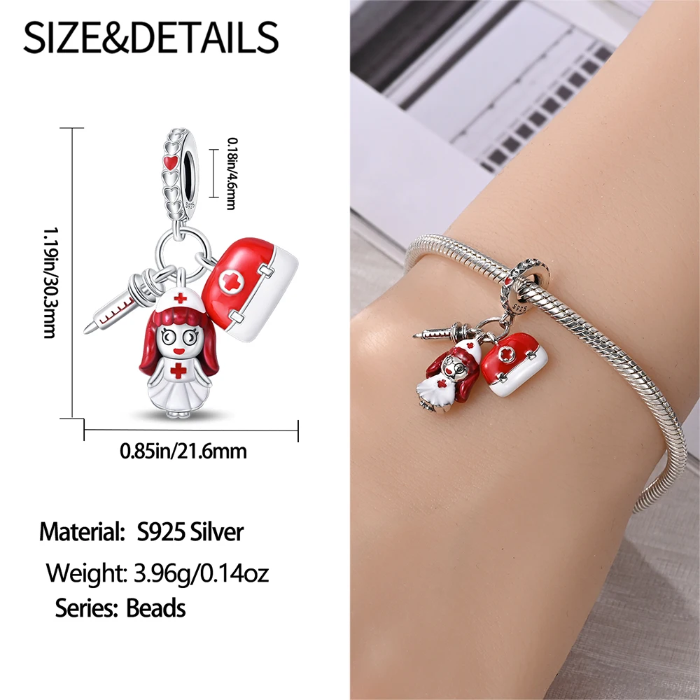 925 Sterling Silver Doctor&Nurse Hat&ECG&Bacteria&Pills&Medical Kit&Teeth Dangle Charm Fit Brand Bracelet Medical jewelry