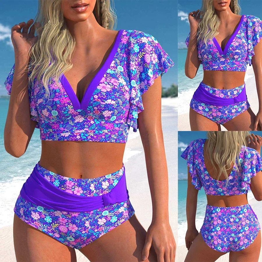

New Women's Bikini Two-piece Set with Purple Floral Print V-neck, Sexy and Fashionable Small Flying Sleeve Beach Clothes S-5XL