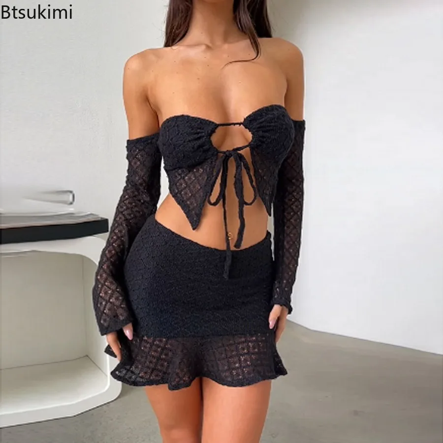 New Women's Sexy 2-Piece Sets Off-Shoulder Long Sleeve Wrap Chest Tie-Up Irregular Short Dress for Fashion Party Club Streetwear - view 2