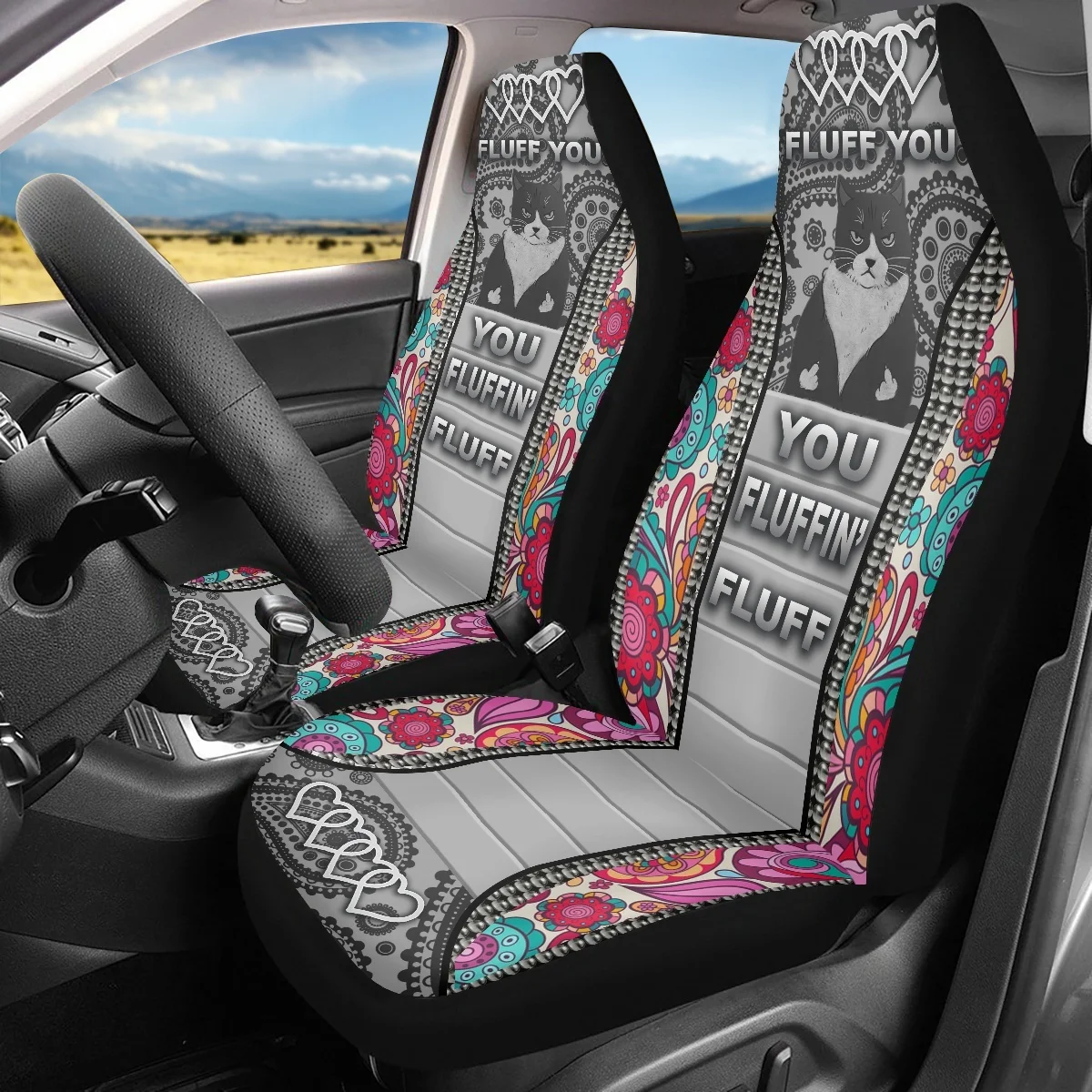 Washable Auto Front Cushion Cover Paisley Cats Pattern Universal Car Front Seat Covers Set of 2 Comfortable Auto Interior Decor