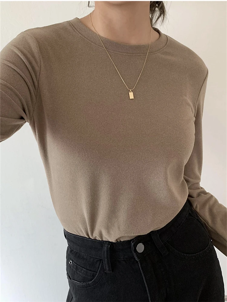 

Autumn Winter Velvet Women's T-Shirts 2023 New Solid Long Sleeve O-Neck Warm Casual Shirts Female Knitting Bottom Chic Tops