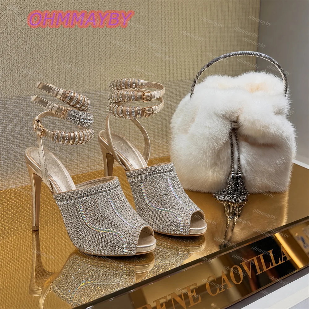 Women Rhinestone Peep Toe High Heel Sandals Sparkly Crystal Ankle Cuff Stiletto Dress Shoes for Wedding Prom Bridal Gold 47