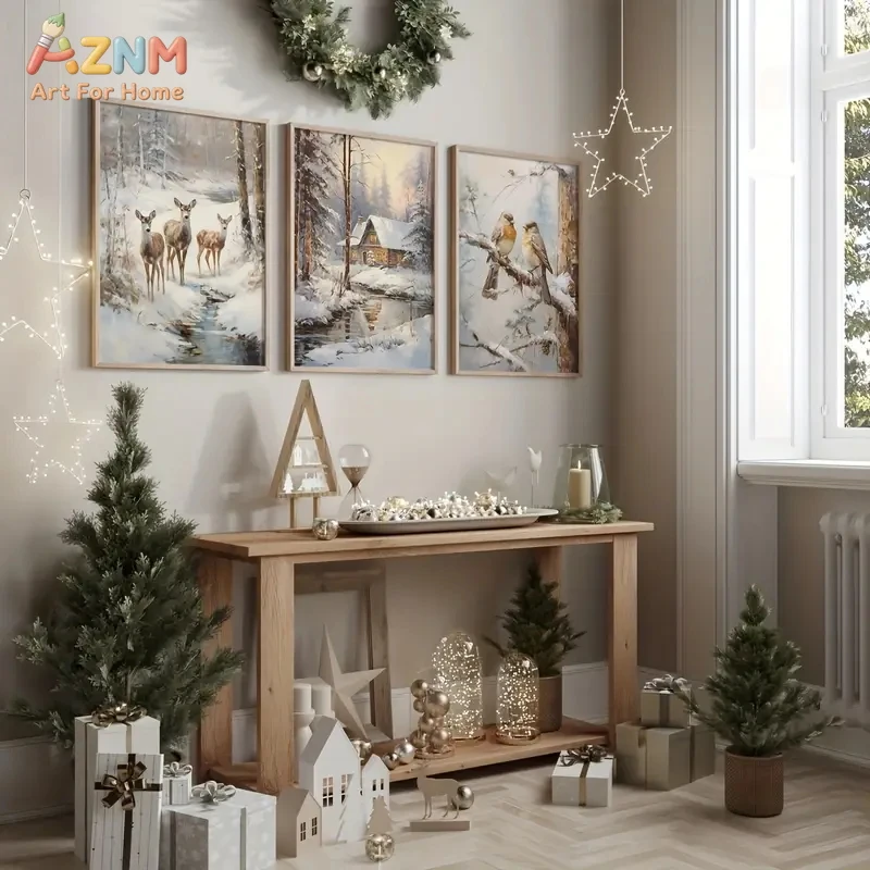 3PCS Winter Christmas Canvas Wall Art Set Snowy Forest Deer Bird Prints Unframed Home Decor