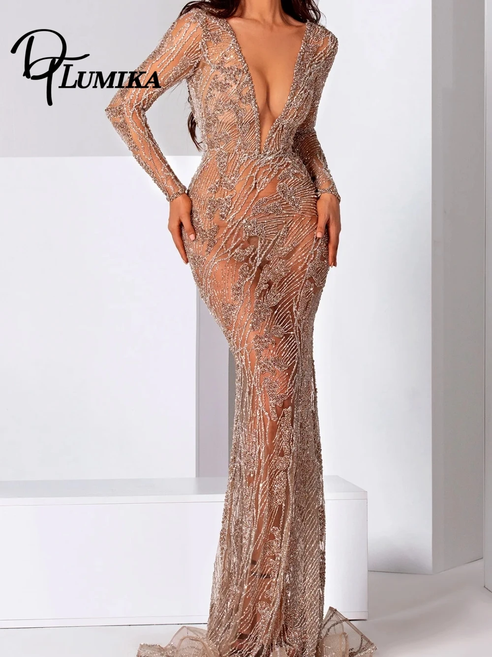 

2026 Прозрачное платье для выпускного вечера с бисером, сексуальное очаровательное вечернее платье с открытой спиной и длинными рукавами, блестящая банкетная коктейльная одежда по индивидуальному заказу