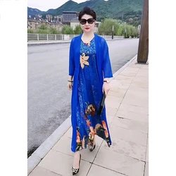 2023 Summer Clothes New All-in-one Imitation Silk Blend Dress Two-Piece Set New Loose and Thin Suit Printed Skirt Commuting X666