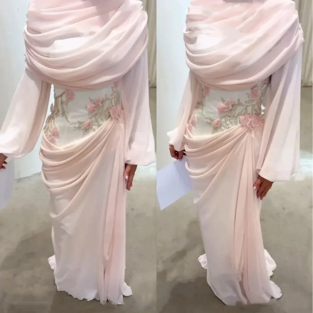 

Pink Chiffon Long Sleeves Bespoke Occasion Gown Evening Dresses Pastrol Unisex Jersey Retro Dubai Saudi Arabic Prom Customized