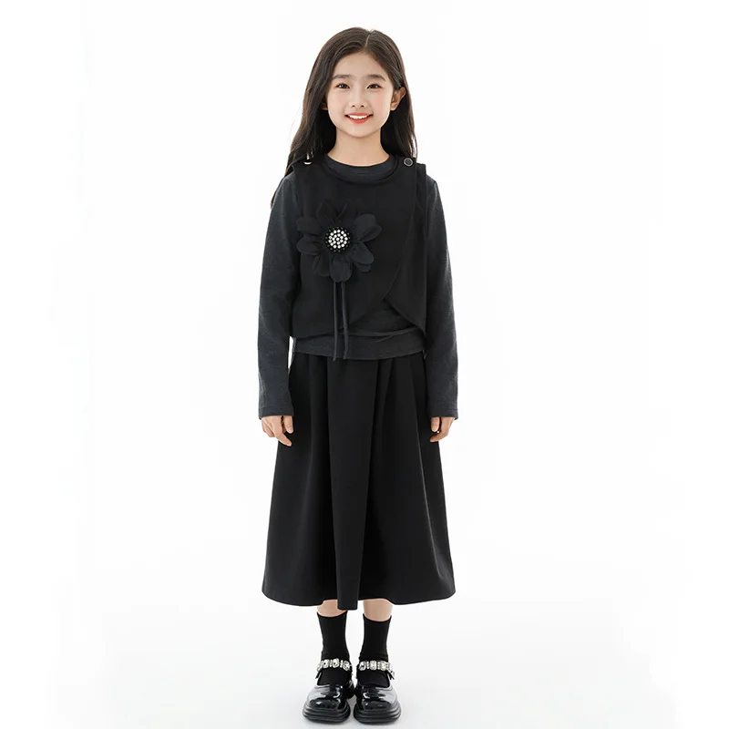

School Girls 3pcs Outfit Autumn Round Neck Undershirt+3D Flower Vest+Pleated Skirt Children Girls Sets Kids Girls Daily Outfit