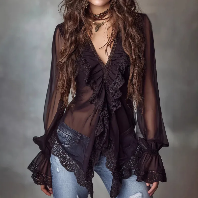 

Long Flare Sleeve Blouses for Women Ruffle V Neck Mesh Sexy Sweet Hot Girls Korean Fashion Style Irregular Hem See Through Tops