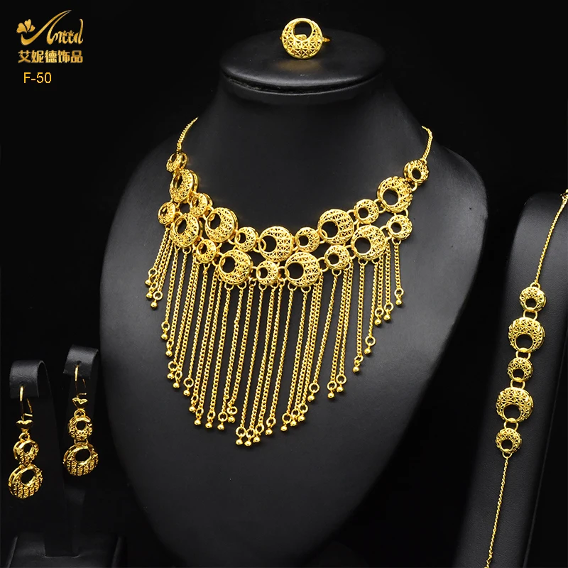 

ANIID Dubai Tassel Gold Color Jewelry Sets For Women Fashion Indian Bridal Necklace And Earring 4Pcs Set Ethiopian Party Gifts