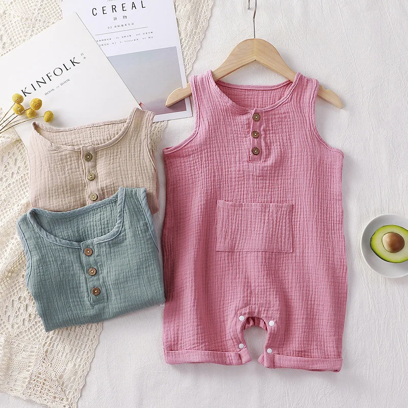 Macacão de algodão macio com chapéu, macacão sem mangas, roupa infantil, roupa recém-nascida, roupas de verão musselina, menina e menino