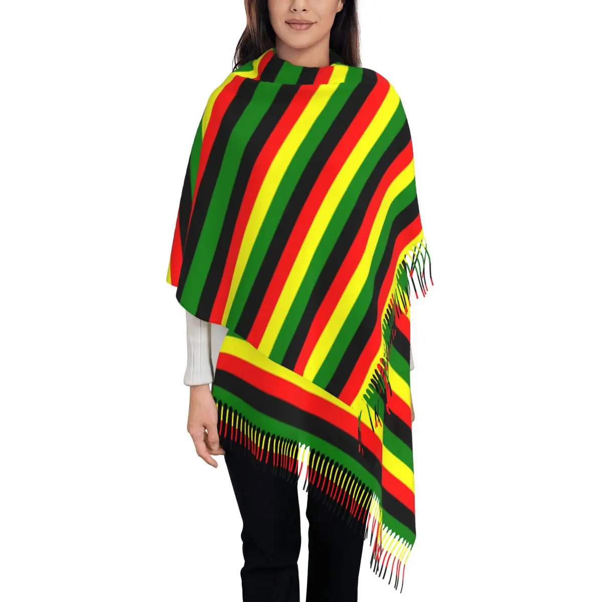 Rasta Colors Red Green Gold Bright Colored Striped Tassel Scarf Women Soft Jamaican Shawl Wrap Female Winter Fall Scarves