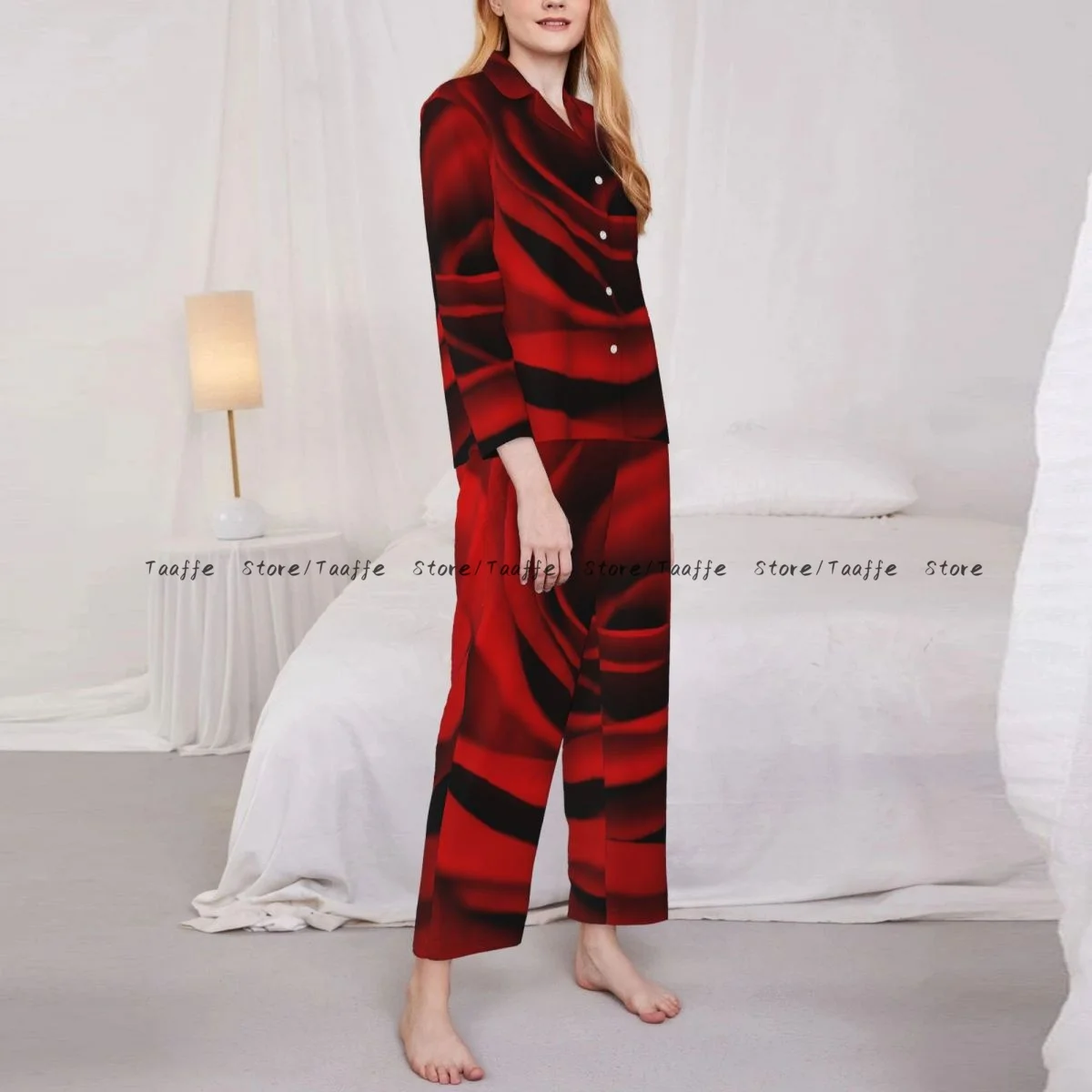 

Spring and Autumn Pajama Set Women's Long Sleeve Pants Two Piece Red Rose Home Furnishing Set