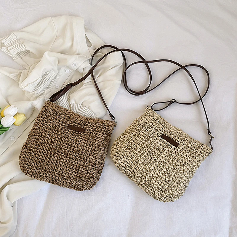 Fashion Straw Casual Crossbody Bag For Women Girls Versatile Beach Holiday Handmade Woven Shoulder Handbag Crossbody Bag