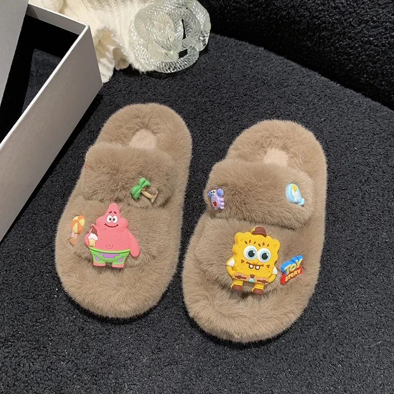 Khaki/white Girls One-piece Slippers with Non Slip Warm Soft Bottom Cartoon Decals Winter Indoor Suede Casual Slippers De Mujer