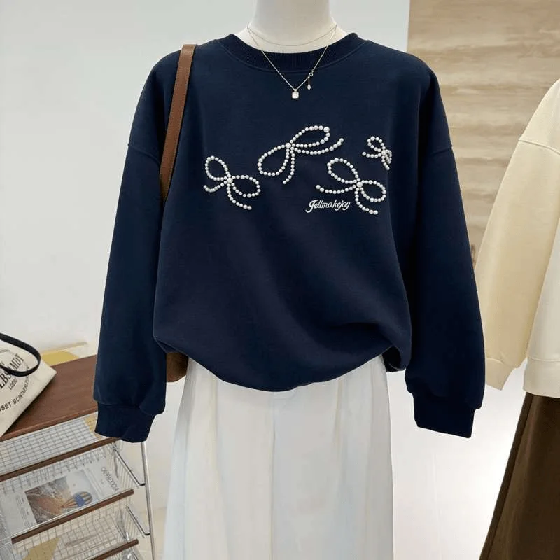 Bead Embroidered Bow Sweatshirts Autumn High Sense Korean Fashion O-neck Loose Long Sleeve Top Women Pullover Sweatshirt Tops