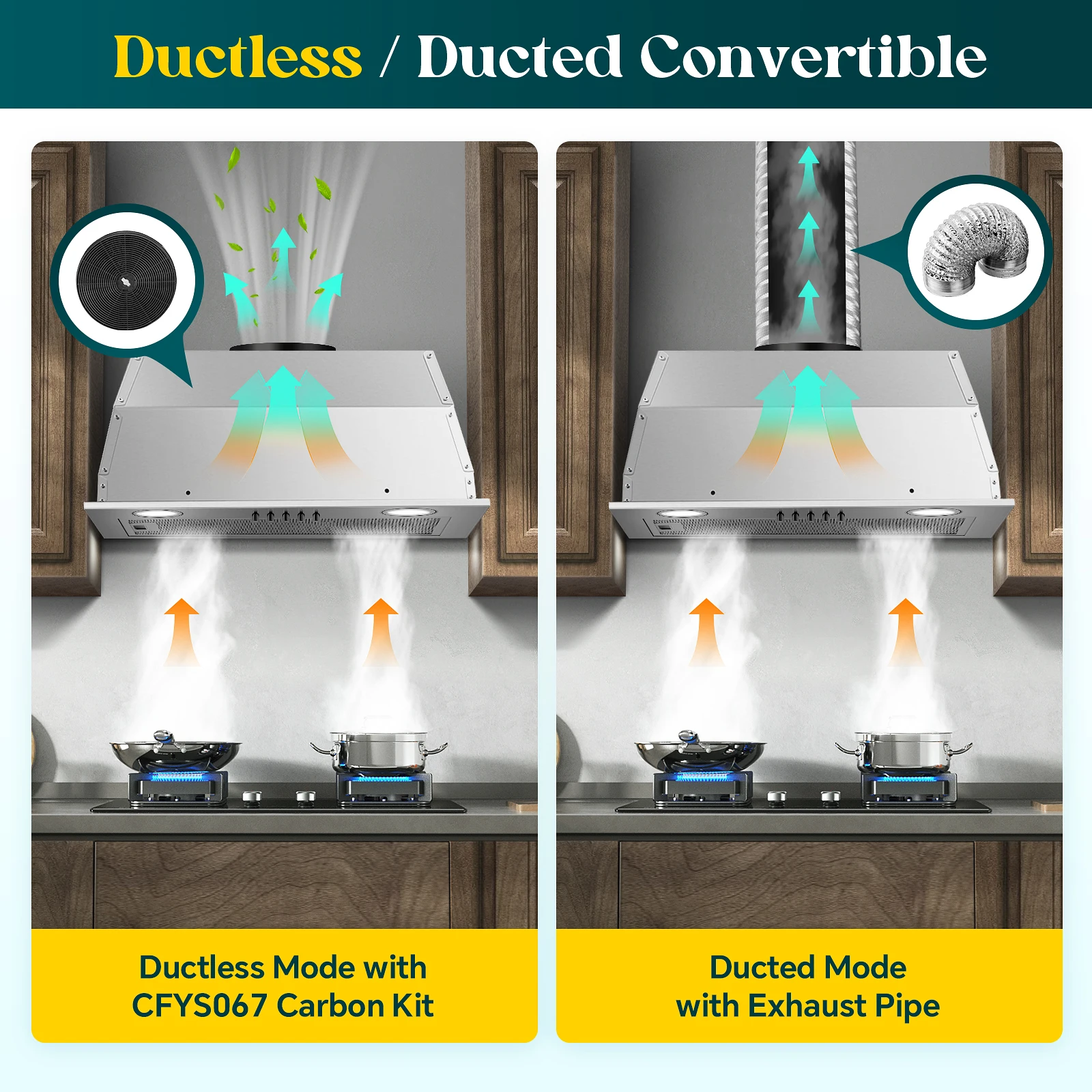 Insert 20 Inch 600CFM Range Hood Stainless Steel Push Button Control 3-Speed/Ducted/Ductless 5-Layer Filter & LED Lighting