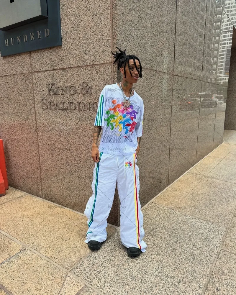 Y2k American High Street Harajuku Colorful Striped Trousers Fashionable Loose Sweatpants Oversized Versatile Wide-leg Pants Men