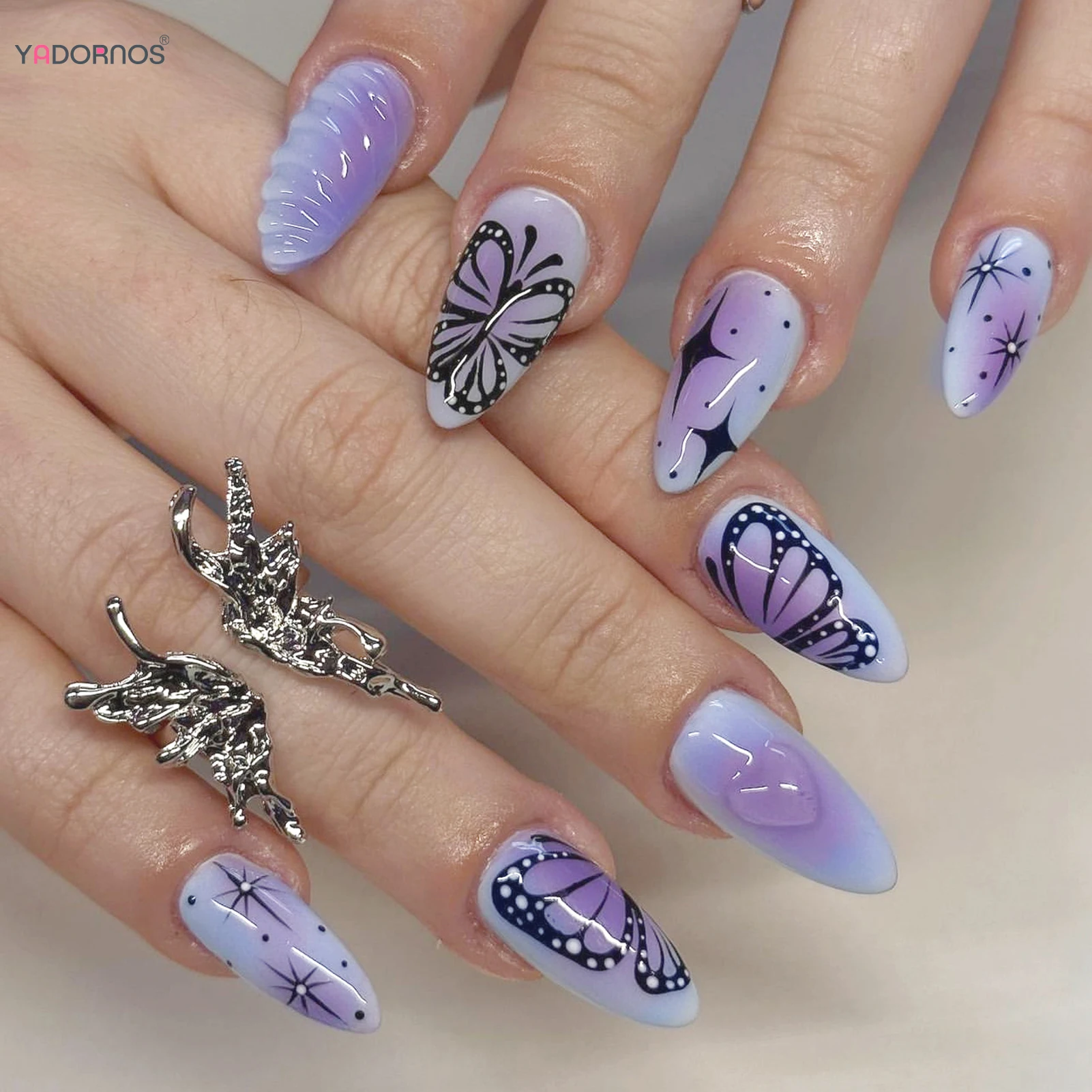 24 pçs estilo y2k unhas falsas brilhante mancha roxo imprensa no prego com borboleta estrela 3d amor coração projetos doce legal unhas falsas