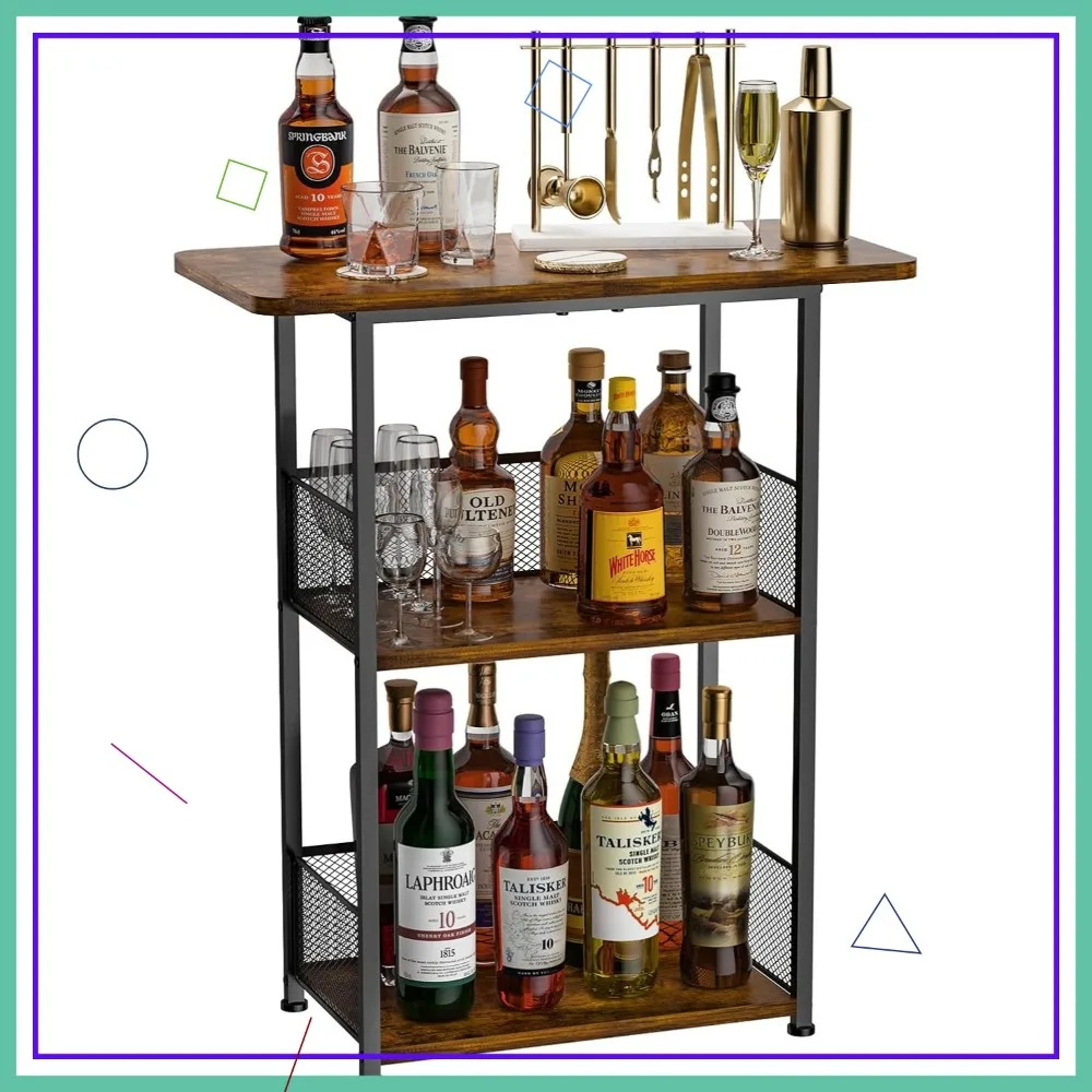 

3-Tier Freestanding Wine Rack with T-Shaped Countertop, Space-Saving Corner Display for Bottles and Barware