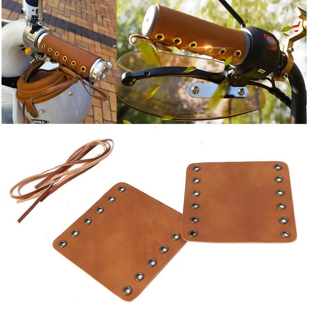 2 Pieces Leather Motorcycle Hand Grip Covers Comfortable Handlebar Wraps Adjustable Lacing Straps Design Motorbikes Throttle